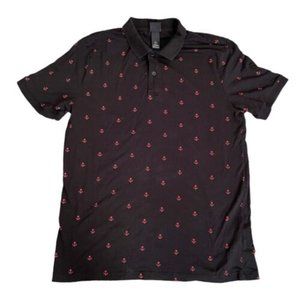 H&M Polo Shirt Mens M Medium Black Red Anchors Collared Short Sleeve Cotton